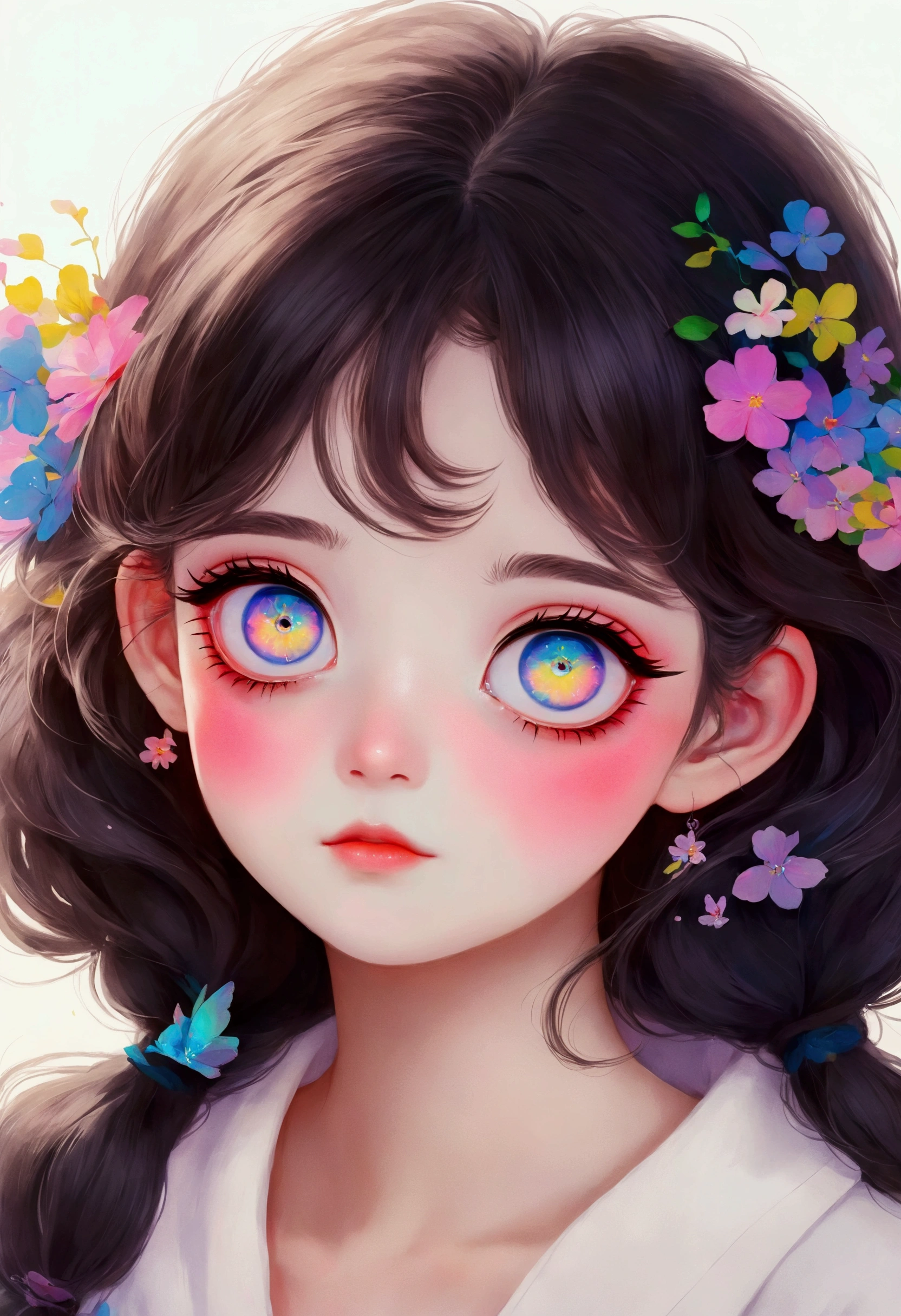 There is a painting,The girl in the painting has many colorful eyes, soft Anime Illustrations, Pastel Simple Art, Kawaii realistic portrait, Lo-Fi Girl, colored chalk, Fantasy psychedelic anime, Color illustrations, Girl with white eyes, Anime Aesthetics, pastel artwork, Anime Illustrations, digital Anime Illustrations, Color Sketch, Cute anime girl portrait, guweiz style artwork