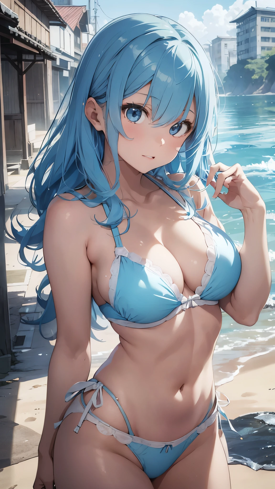 4K,8k,A girl with light blue hair drawn in high resolution Japanese anime style、whole body、Women in white bikinis taking photos on a deserted beach, Bikini Model, , Young and cute gravure idol, Posing together in a bra, Russian and Japanese mix, sakimichan, Asian woman, Wear a swimsuit, that'that'that'that'that'that'that'that'that'that'that'that'that'that'that'that'that'that'that'that'that'that'that'that'It's hot with the shining sun, Japanese Model, Cute Core, sakimichan hdri, Young Gravure Idol, Chubby