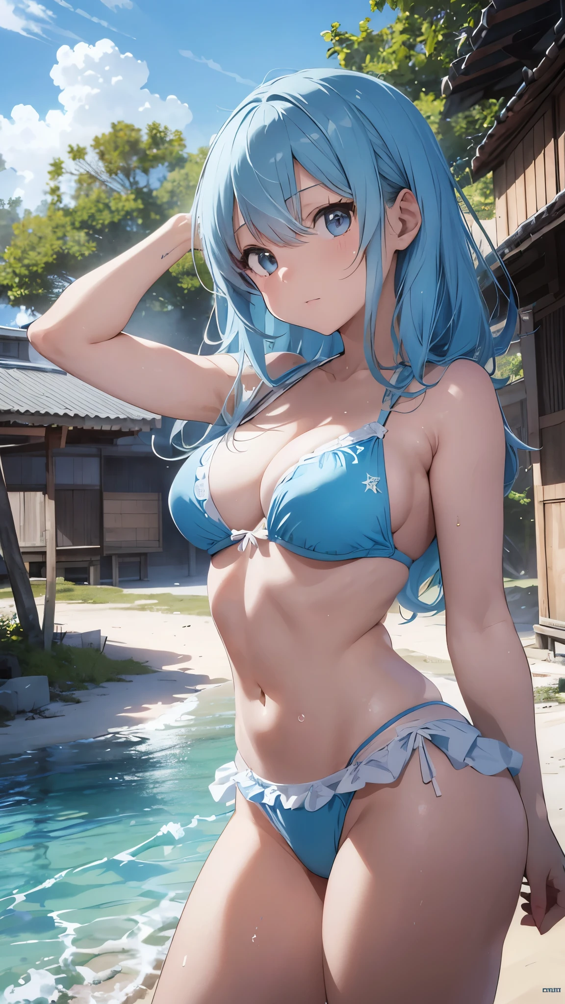4K,8k,A girl with light blue hair drawn in high resolution Japanese anime style、whole body、Women in white bikinis taking photos on a deserted beach, Bikini Model, , Young and cute gravure idol, Posing together in a bra, Russian and Japanese mix, sakimichan, Asian woman, Wear a swimsuit, that'that'that'that'that'that'that'that'that'that'that'that'that'that'that'that'that'that'that'that'that'that'that'that'It's hot with the shining sun, Japanese Model, Cute Core, sakimichan hdri, Young Gravure Idol, Chubby