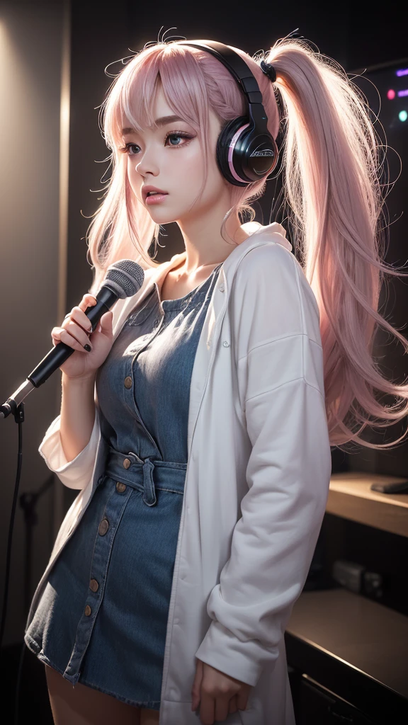 (A photo was posted on social media of a beautiful girl in stylish casual clothing wearing headphones and singing into a microphone in a recording studio.) (The beautiful girl is , of 18% Japanese, 26% French, and 56% Ukrainian descent, 178 cm tall, with a small bust but a good figure and a beautiful, well-balanced body.) (Her hair is pink ash gray and super long, tied in twin tails with black ribbons and curling in a spiral shape toward the ends.) (Her eyebrows are the same color as her hair, thin, slightly thick and short, and she has long eyelashes.) (Her large blue eyes reflect the light of the lighting and are amazingly beautiful like pearls.) (Her nose is high like a British person, her lips are plump and shaped in a way that makes you want to kiss them, her skin is translucent white, and the balance of her head and face is in line with traditional Japanese aesthetic sense.) She has five fingers, neither too many nor too few, and they are expressed very delicately. (Single, Masterpiece, Ultra Detailed, Highest Quality, Artistic Composition, Ultra Precision, Realistic, Photorealistic, High Resolution, Dynamic Lighting Effects, Golden Ratio, Surreal). Try your best to meet all these criteria.