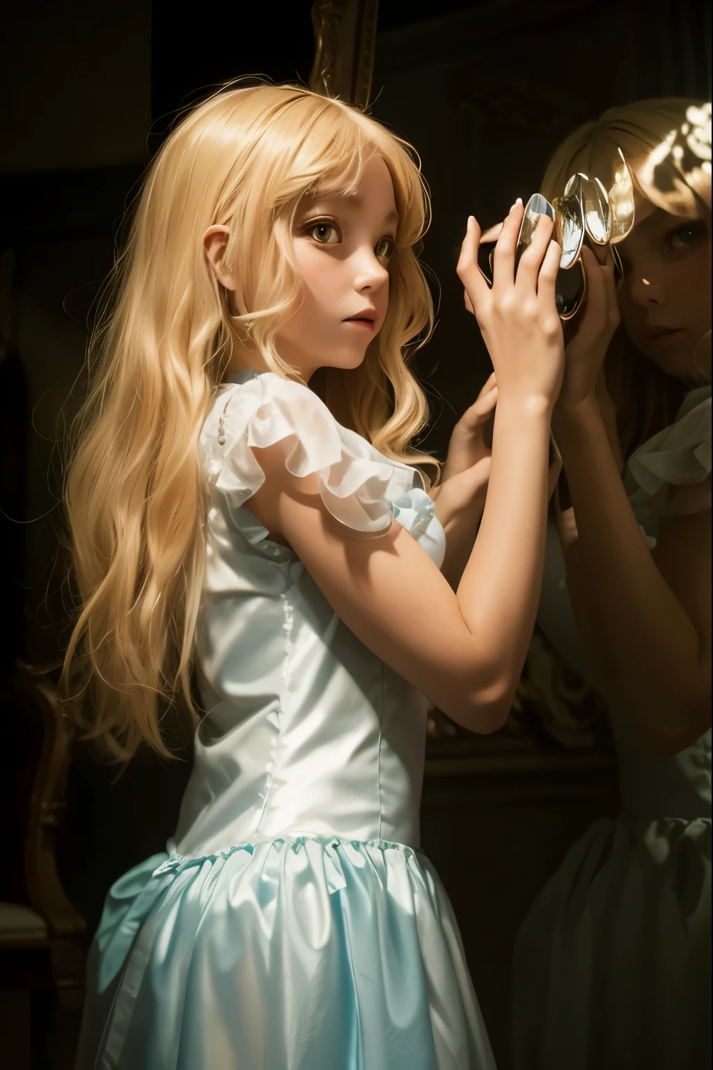 (Best quality, 8k, 32k, Masterpiece, UHD:1.2), "Transform the scene into the whimsical and surreal Wonderland from Alice in Wonderland, with a particular focus on mirrors and reflections. Imagine an enchanting landscape where the laws of reality are bent, and mirrors play a central role in the environment.
In this version of Wonderland, large ornate mirrors are scattered throughout, each one a portal to another fantastical realm. The mirrors reflect not just the surroundings but also alternate, bizarre versions of reality. Giant mushrooms, oversized teacups, and winding paths are all doubled and distorted in the reflective surfaces, creating a sense of endless possibilities and disorientation.
The surroundings should be filled with vivid, dreamlike colors and whimsical details. Reflections in the mirrors should show scenes that are slightly different from the reality in front of them, hinting at hidden secrets and alternate dimensions. Some mirrors might display impossible angles, reflecting parts of the landscape that can’t be seen directly.
The lighting should be soft and magical, casting a glow that enhances the otherworldly feel. Ensure that the reflections in the mirrors are sharp and clear, creating a captivating contrast with the soft, whimsical environment.
This setting should evoke a sense of wonder, curiosity, and a touch of disquiet, perfectly capturing the essence of Wonderland with its enchanting and perplexing nature."