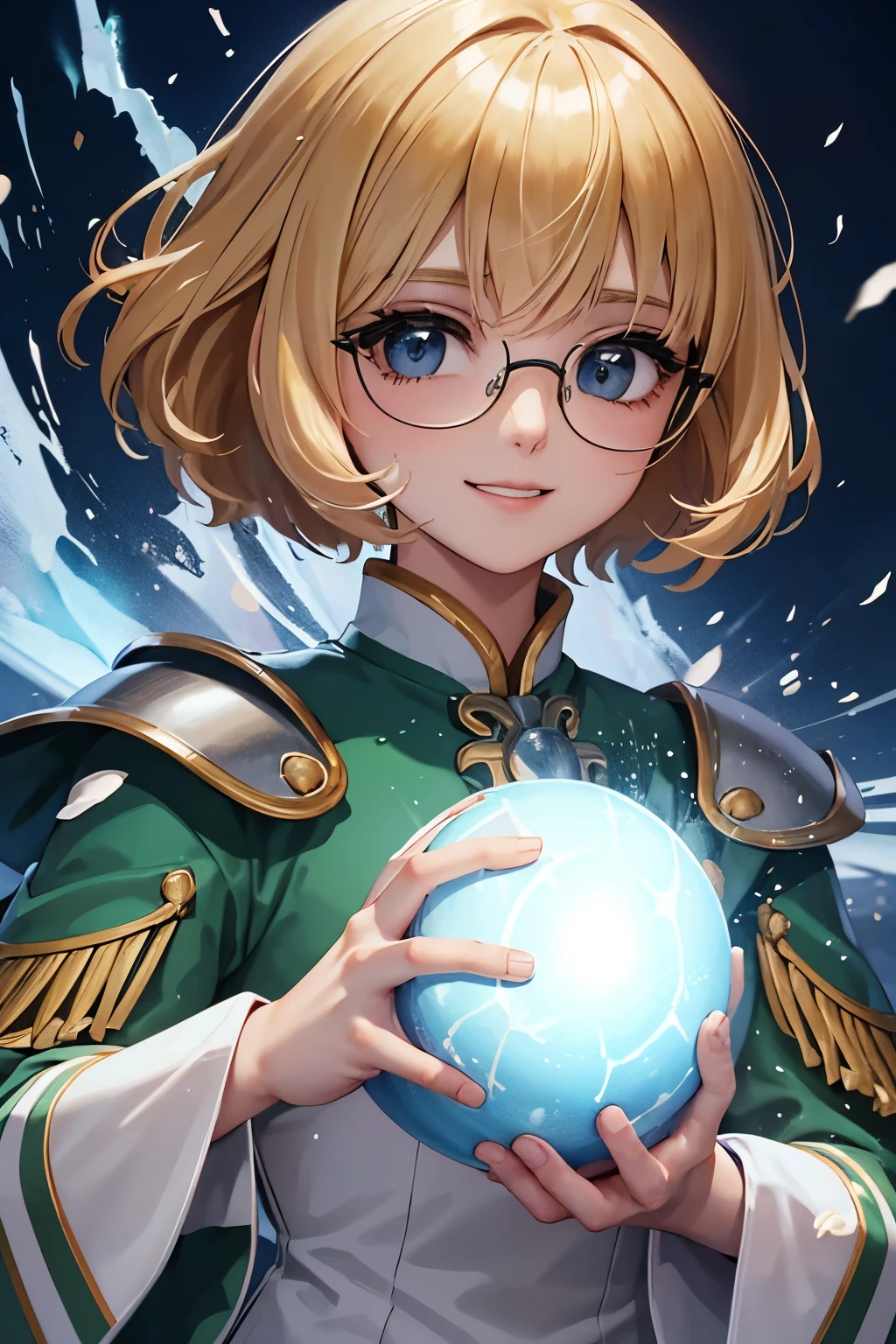 Fuu-Hououji、blonde、Bobcut、Glasseagic騎士レイアース"、Magic Knight、Green Sailor Suit、Green ilver breastplate、White shoulder rest、White gauntlets、Long sword、smile（（（ＳＦＷ、sound、Highest quality、first-clasasterpiece、Normal body、8k、Detailed face、Ultra-precision、Normal hand、Normal finger、５Finger、Highest）））、whole body、strong wind、blast、magic、風のmagic