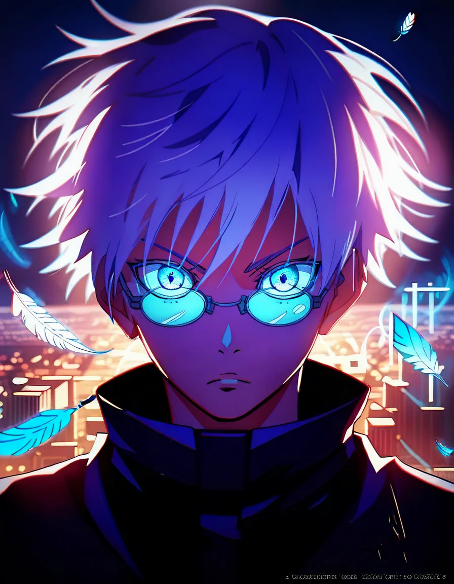 (score_9, score_8_up, score_7_up), zPDXL, 1 boy, alone, looking at viewer, simple warm colored background, neon blue eyes, city background, short hair, white hair shining, broken glasses, lenses, neon blue feathers falling, serious look, determination, dark aura, front view, masterpiece, best quality, hyper detailed, cinematic light, intricate detail, high resolution, official art, detailed glow, blue light feathers, the pupil of the eyes with detailed structures, dark atmosphere, neon blue feathers, diffraction spike, vibrant colors, concept artist, electronic links, falling feather, upper half body, satoru gojo, black outfit, cabe, city night background, red and blue energy, wallpaper, cinematic, 8K high resolution, bright light lighting, lens flare, sharpness, masterpiece, top quality, ultra-high definition, high resolution, extremely CG details, movie photography, masterpiece, hyper detail, light attack, blue and red  They give purple, infinity, throw light, energy attack,