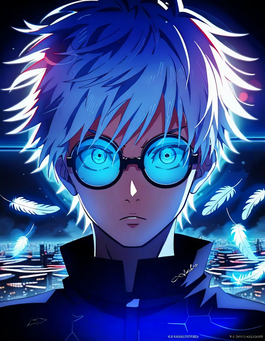 (score_9, score_8_up, score_7_up), zPDXL, 1 boy, alone, looking at viewer, simple warm colored background, neon blue eyes, city background, short hair, white hair shining, broken glasses, lenses, neon blue feathers falling, serious look, determination, dark aura, front view, masterpiece, best quality, hyper detailed, cinematic light, intricate detail, high resolution, official art, detailed glow, blue light feathers, the pupil of the eyes with detailed structures, dark atmosphere, neon blue feathers, diffraction spike, vibrant colors, concept artist, electronic links, falling feather, upper half body, satoru gojo, black outfit, cabe, city night background, red and blue energy, wallpaper, cinematic, 8K high resolution, bright light lighting, lens flare, sharpness, masterpiece, top quality, ultra-high definition, high resolution, extremely CG details, movie photography, masterpiece, hyper detail, light attack, blue and red  They give purple, infinity, throw light, energy attack,