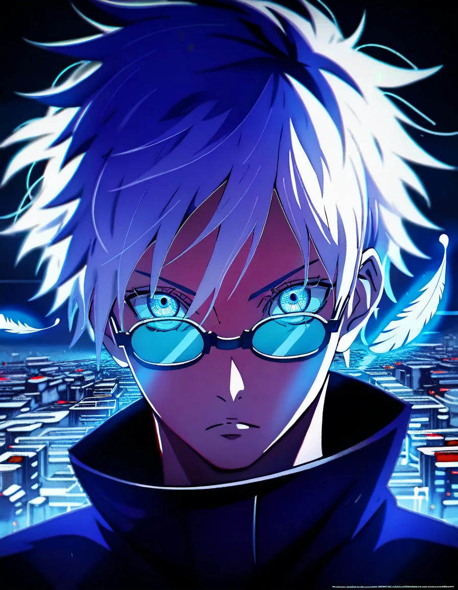 (score_9, score_8_up, score_7_up), zPDXL, 1 boy, alone, looking at viewer, simple warm colored background, neon blue eyes, city background, short hair, white hair shining, broken glasses, lenses, neon blue feathers falling, serious look, determination, dark aura, front view, masterpiece, best quality, hyper detailed, cinematic light, intricate detail, high resolution, official art, detailed glow, blue light feathers, the pupil of the eyes with detailed structures, dark atmosphere, neon blue feathers, diffraction spike, vibrant colors, concept artist, electronic links, falling feather, upper half body, satoru gojo, black outfit, cabe, city night background, red and blue energy, wallpaper, cinematic, 8K high resolution, bright light lighting, lens flare, sharpness, masterpiece, top quality, ultra-high definition, high resolution, extremely CG details, movie photography, masterpiece, hyper detail, light attack, blue and red  They give purple, infinity, throw light, energy attack,