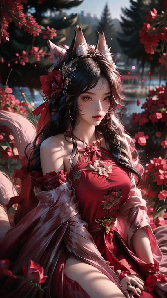 best quality,masterpiece,Ultra-high resolution,(truthfully:1.4),Roses every day(background),20-year-old rose goddess(Japanese Girls),Long hair above waist,Single Horsetail,Cute eyes,Big breasts,Perfect body,,Beautiful red rose dress,Crouching in a sea of roses,