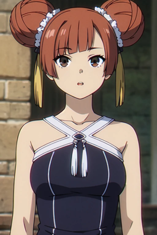 (((Best quality))),((Ultra-detailed)),((illustration)),((Disheveled hair)),((frilld)),(1 girl),(Solo),
1girl, arms at sides, bangs, bare shoulders, blunt bangs, breasts, brown eyes, brown hair, collarbone, double bun, dress, eyebrows visible through hair, looking at viewer, open mouth, parted lips, red hair, short hair, small breasts, solo, upper body