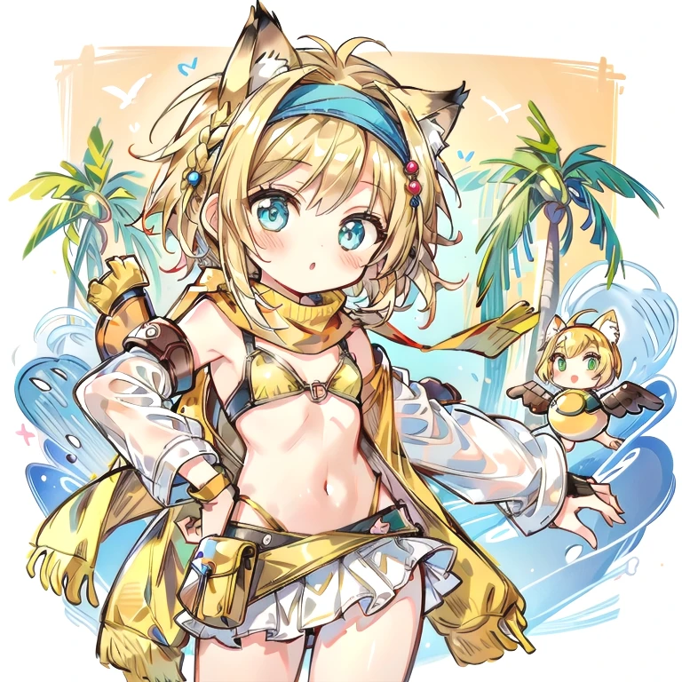 (masterpiece, Highest quality:1.3)、Chibi Character、Cat ear、
Backpack FF10,  One girl, alone, Short Hair、Blonde Hair、Cat ear、Turquoise Eyes, Flat Chest, skirt, Blonde, hair ornaments, gloves, belly button,Swimwear, Braiding, bikini, Removable sleeves, null, Day, cloud, miniskirt, fingerless gloves, scarf, head band, bird, bikini top only, @_@, yellow bikini, blue head band