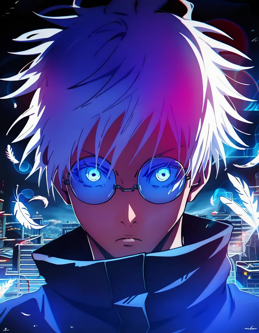 (score_9, score_8_up, score_7_up), zPDXL, 1 boy, alone, looking at viewer, simple warm colored background, neon blue eyes, city background, short hair, white hair shining, broken glasses, lenses, neon blue feathers falling, serious look, determination, dark aura, front view, masterpiece, best quality, hyper detailed, cinematic light, intricate detail, high resolution, official art, detailed glow, blue light feathers, the pupil of the eyes with detailed structures, dark atmosphere, neon blue feathers, diffraction spike, vibrant colors, concept artist, electronic links, falling feather, upper half body, satoru gojo, black outfit, cabe, city night background, red and blue energy, wallpaper, cinematic, 8K high resolution, bright light lighting, lens flare, sharpness, masterpiece, top quality, ultra-high definition, high resolution, extremely CG details, movie photography, masterpiece, hyper detail, light attack, blue and red  They give purple, infinity, throw light, energy attack,