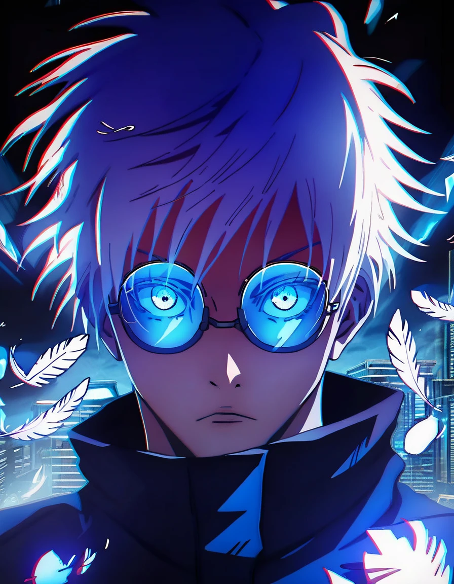 (score_9, score_8_up, score_7_up), zPDXL, 1 boy, alone, looking at viewer, simple warm colored background, neon blue eyes, city background, short hair, white hair shining, broken glasses, lenses, neon blue feathers falling, serious look, determination, dark aura, front view, masterpiece, best quality, hyper detailed, cinematic light, intricate detail, high resolution, official art, detailed glow, blue light feathers, the pupil of the eyes with detailed structures, dark atmosphere, neon blue feathers, diffraction spike, vibrant colors, concept artist, electronic links, falling feather, upper half body, satoru gojo, black outfit, cabe, city night background, red and blue energy, wallpaper, cinematic, 8K high resolution, bright light lighting, lens flare, sharpness, masterpiece, top quality, ultra-high definition, high resolution, extremely CG details, movie photography, masterpiece, hyper detail, light attack, blue and red  They give purple, infinity, throw light, energy attack,