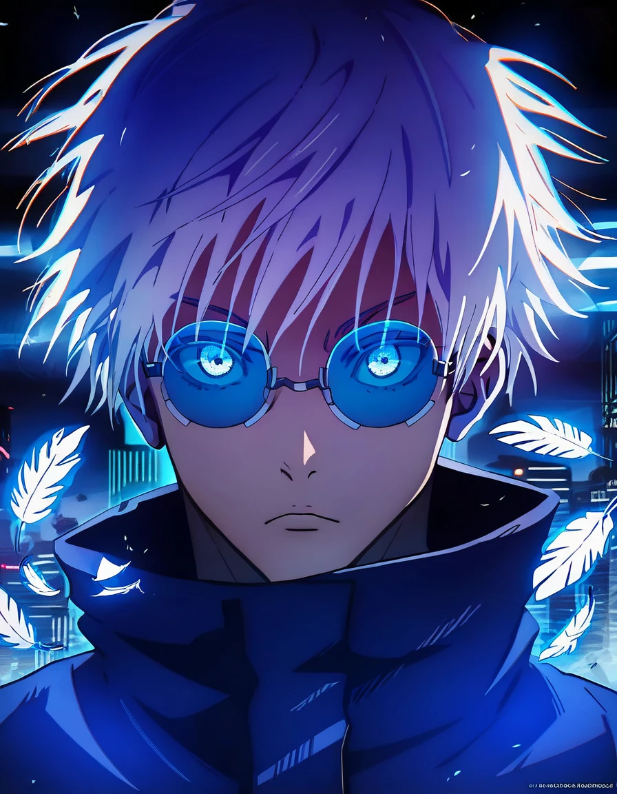 (score_9, score_8_up, score_7_up), zPDXL, 1 boy, alone, looking at viewer, simple warm colored background, neon blue eyes, city background, short hair, white hair shining, broken glasses, lenses, neon blue feathers falling, serious look, determination, dark aura, front view, masterpiece, best quality, hyper detailed, cinematic light, intricate detail, high resolution, official art, detailed glow, blue light feathers, the pupil of the eyes with detailed structures, dark atmosphere, neon blue feathers, diffraction spike, vibrant colors, concept artist, electronic links, falling feather, upper half body, satoru gojo, black outfit, cabe, city night background, red and blue energy, wallpaper, cinematic, 8K high resolution, bright light lighting, lens flare, sharpness, masterpiece, top quality, ultra-high definition, high resolution, extremely CG details, movie photography, masterpiece, hyper detail, light attack, blue and red  They give purple, infinity, throw light, energy attack,