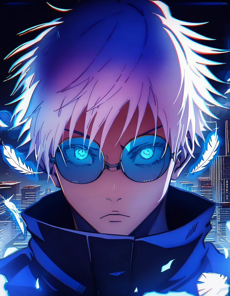 (score_9, score_8_up, score_7_up), zPDXL, 1 boy, alone, looking at viewer, simple warm colored background, neon blue eyes, city background, short hair, white hair shining, broken glasses, lenses, neon blue feathers falling, serious look, determination, dark aura, front view, masterpiece, best quality, hyper detailed, cinematic light, intricate detail, high resolution, official art, detailed glow, blue light feathers, the pupil of the eyes with detailed structures, dark atmosphere, neon blue feathers, diffraction spike, vibrant colors, concept artist, electronic links, falling feather, upper half body, satoru gojo, black outfit, cabe, city night background, red and blue energy, wallpaper, cinematic, 8K high resolution, bright light lighting, lens flare, sharpness, masterpiece, top quality, ultra-high definition, high resolution, extremely CG details, movie photography, masterpiece, hyper detail, light attack, blue and red  They give purple, infinity, throw light, energy attack,