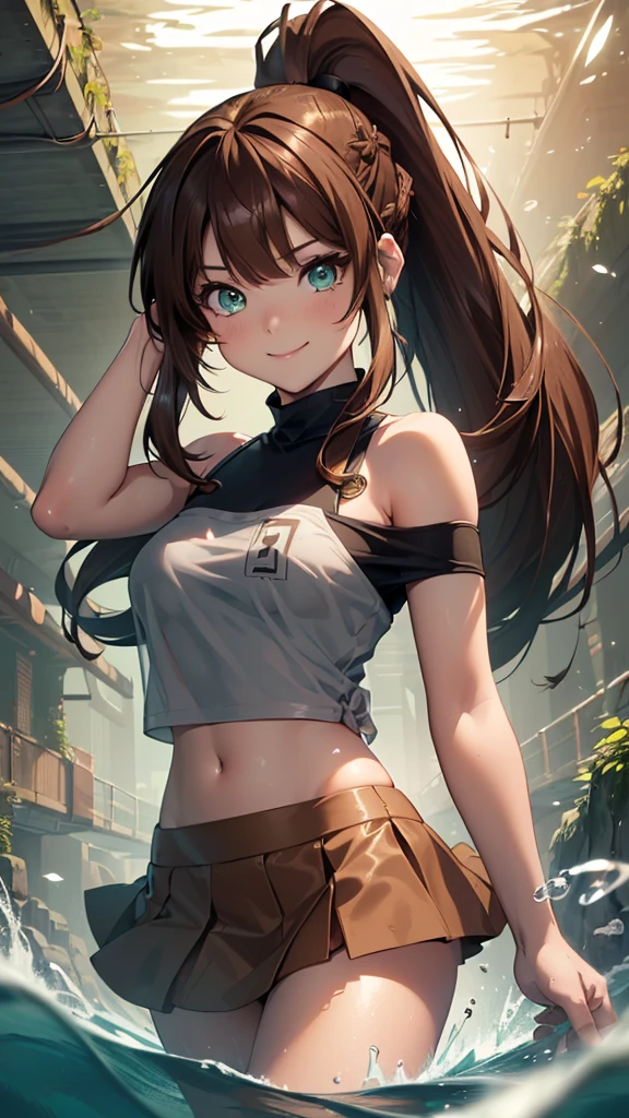 ((masterpiece, highest quality, High resolution, Hmm, Pixel perfect, Depth of written boundary, 4k, RTX, HDR))), 1 Girl, single, alone, Beautiful Anime Girls, Beautiful art style,anime character, ((Long Hair, bangs, brown hair, ponytail:1.5)), (Green Eyes:1.4, Round eyes, Beautiful eyelashes, Realistic eyes), (Detailed face, ), (Smooth texture:0.75, Realistic texture:0.65, Realistic:1.1, Anime CG Style), Medium breast, (Perfect body ,(Black Tube Top), mini skirt, smile, Filmed in a tunnel, Submerged in water