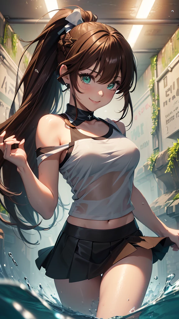 ((masterpiece, highest quality, High resolution, Hmm, Pixel perfect, Depth of written boundary, 4k, RTX, HDR))), 1 Girl, single, alone, Beautiful Anime Girls, Beautiful art style,anime character, ((Long Hair, bangs, brown hair, ponytail:1.5)), (Green Eyes:1.4, Round eyes, Beautiful eyelashes, Realistic eyes), (Detailed face, ), (Smooth texture:0.75, Realistic texture:0.65, Realistic:1.1, Anime CG Style), Medium breast, (Perfect body ,(Black Tube Top), mini skirt, smile, Filmed in a tunnel, Submerged in water