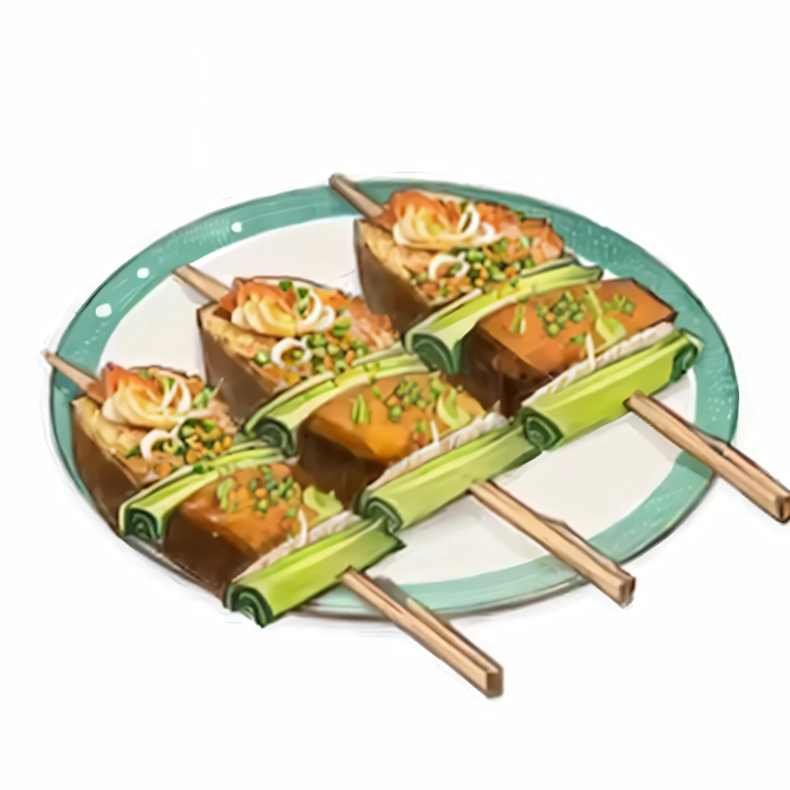 there are four strings of food on a plate with Chopsticks, string, Grilled skewers, Katagiichi, Game image, Offer a plate of food, ❤🔥🍄🌪, Anime Food, Black person, 2k, two, delicious food, ready to eat, Loaves and Fishes, Chopsticks, Uh-huh, katsushika