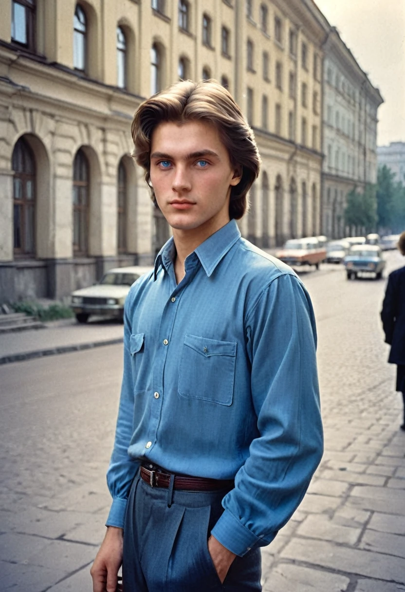 Photo of a handsome man 25 years old, university student in the USSR, 1980s, The photo was taken on the street with architecture in the background. Blue eyes, clothes that were fashionable in those years, medium length hair parted in the middle