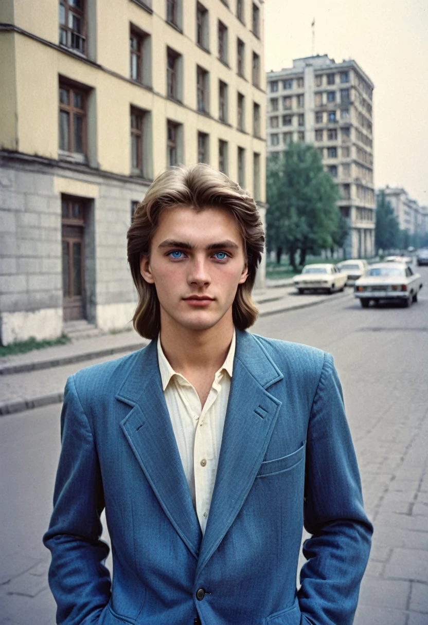 Photo of a handsome man 25 years old, university student in the USSR, 1980s, The photo was taken on the street with architecture in the background. Blue eyes, clothes that were fashionable in those years, medium length hair parted in the middle