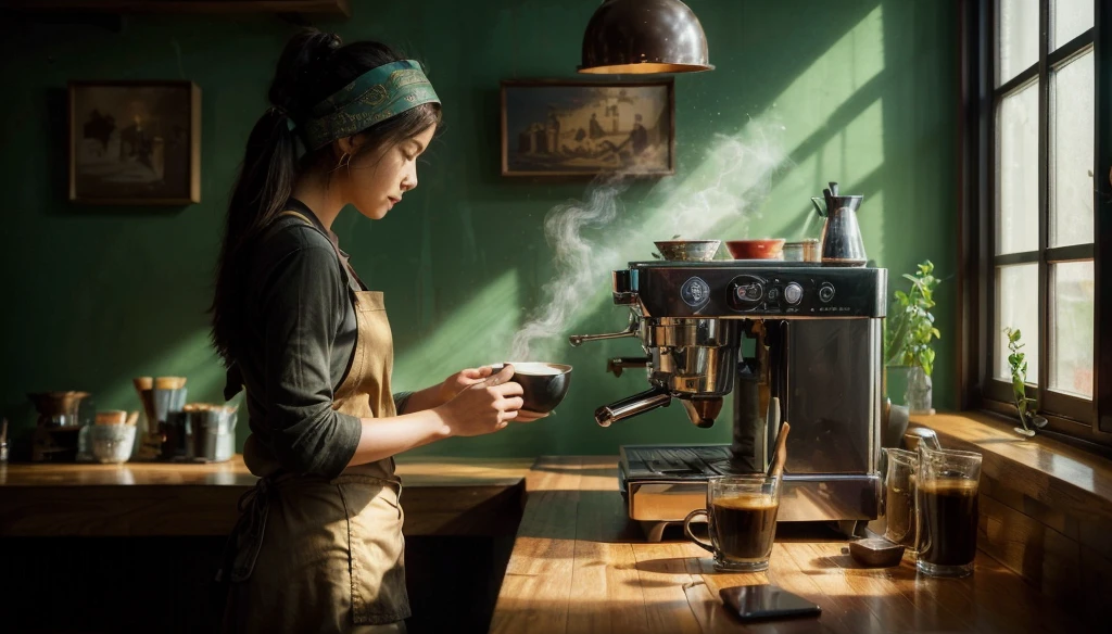 ((very sharp photo result, hyper realistic photo)) (((Best Quality))), (((masterpiece))), (((Ultra-detailed CG))),(((magical ))) an artsy edgy colorful striking cozy cafe, barista corner table with classic & steamy coffee maker machine that steam and brwe a cup of hot coffee, interior: lime green and natural wood dominated color, in background there is a backlight shade of an asian barista woman with bandana and wears apron, who prepare the coffee, shade photography, shadow &
