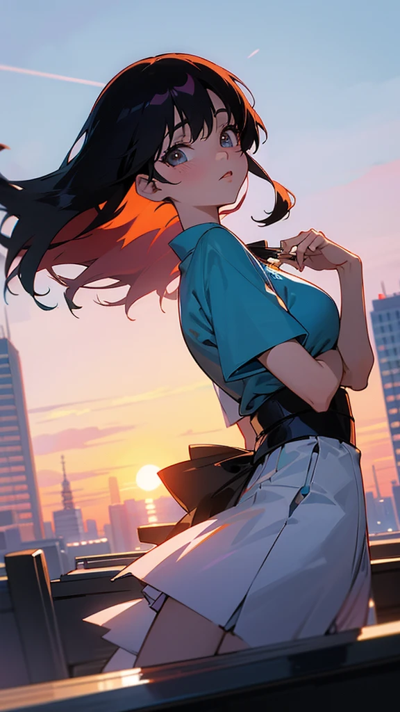 takahashi rumiko style, japan animation illust, trendy women at the city rooftop, blue sunset, 8k quality, the environment should view bigger than the character and give more clear details and textures.