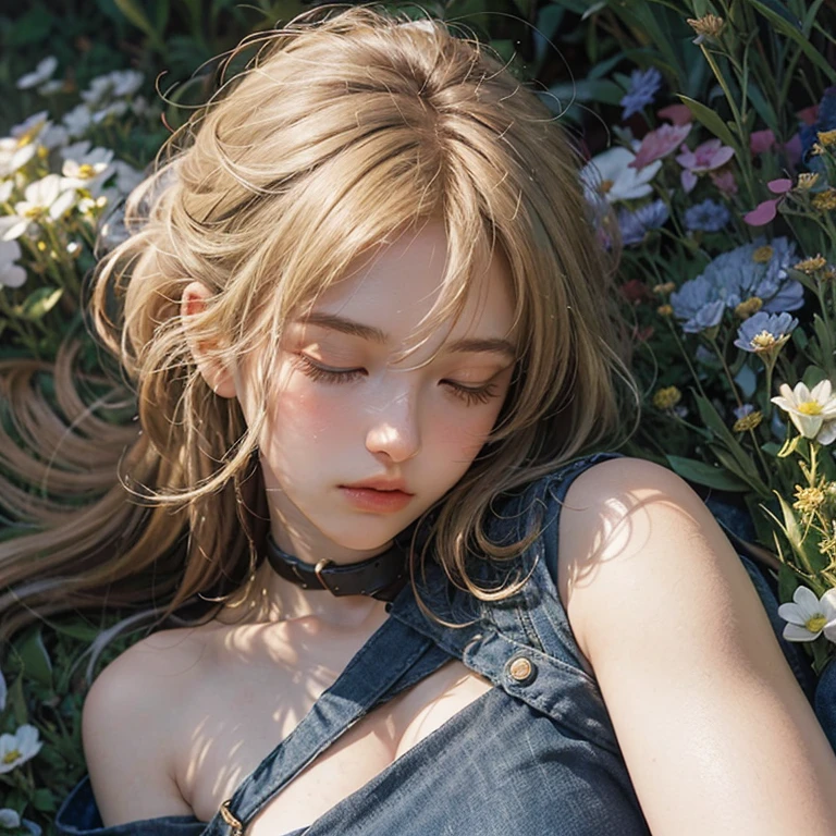 masterpiece: 1.2, Portraiture, Highest quality), Realistic, (Live Action, Intricate details, Written boundary depth), Highest quality, masterpiece, Attention to detail, semi-Realistic, Sleeping on the grass, shy, 21 years old, Short blonde, blue eyes, blonde、 Slim figure、Shoulder Bare、Shorts 、Blue sky and a few clouds、Rolling on the lawn