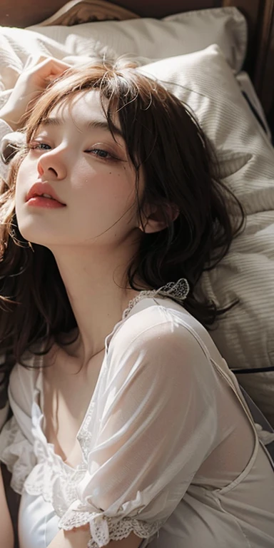 (masterpiece: 1.2, Portraiture, Highest quality), Realistic, (Live Action, Intricate details, Written boundary depth), Highest quality, masterpiece, Attention to detail, semi-Realistic, Sleeping in bed, shy, 21 years old, Short Blonde, Hair in the left eye, blue eyes, Wear a white negligee, Slim figure、Canopy bed、 sleeping beauty, Shoulder Bare