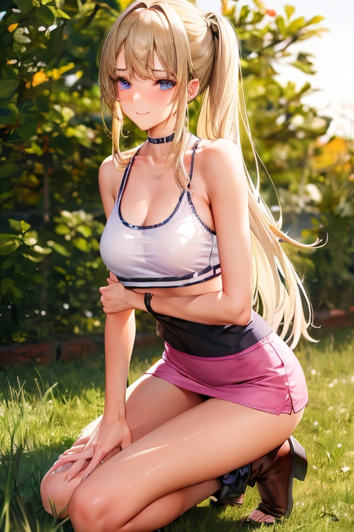 Top Definition, Masterpiece, 4K, High Definition, One mature adult woman, one big dog, woman has platinum blonde, straight hair, one length. Slit eyes, sharp gaze, model-like beauty, perfect proportions. In the grass of a meadow, (a woman, on all fours. A large dog is holding onto the woman's back.)A complete body. Perfect hands and legs. Beautiful body, beautiful legs. Beautiful hands. Perfect body, perfect legs. Perfect hands.
Tank top, mini tight skirt.
A blush on her cheeks and a shy smile on her face.
(The skirt is so short.)
(Very short skirt).