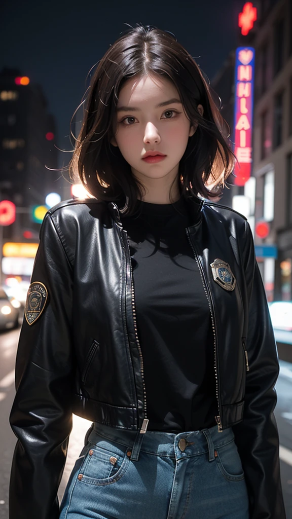 Portrait of a beautiful female model natlp, Georgia Fowler, Beautiful Face, Short dark brown hair, Cyberpunk city at night. She is wearing a leather jacket, Black jeans, Dramatic lighting, (Police Badge:1.2)
