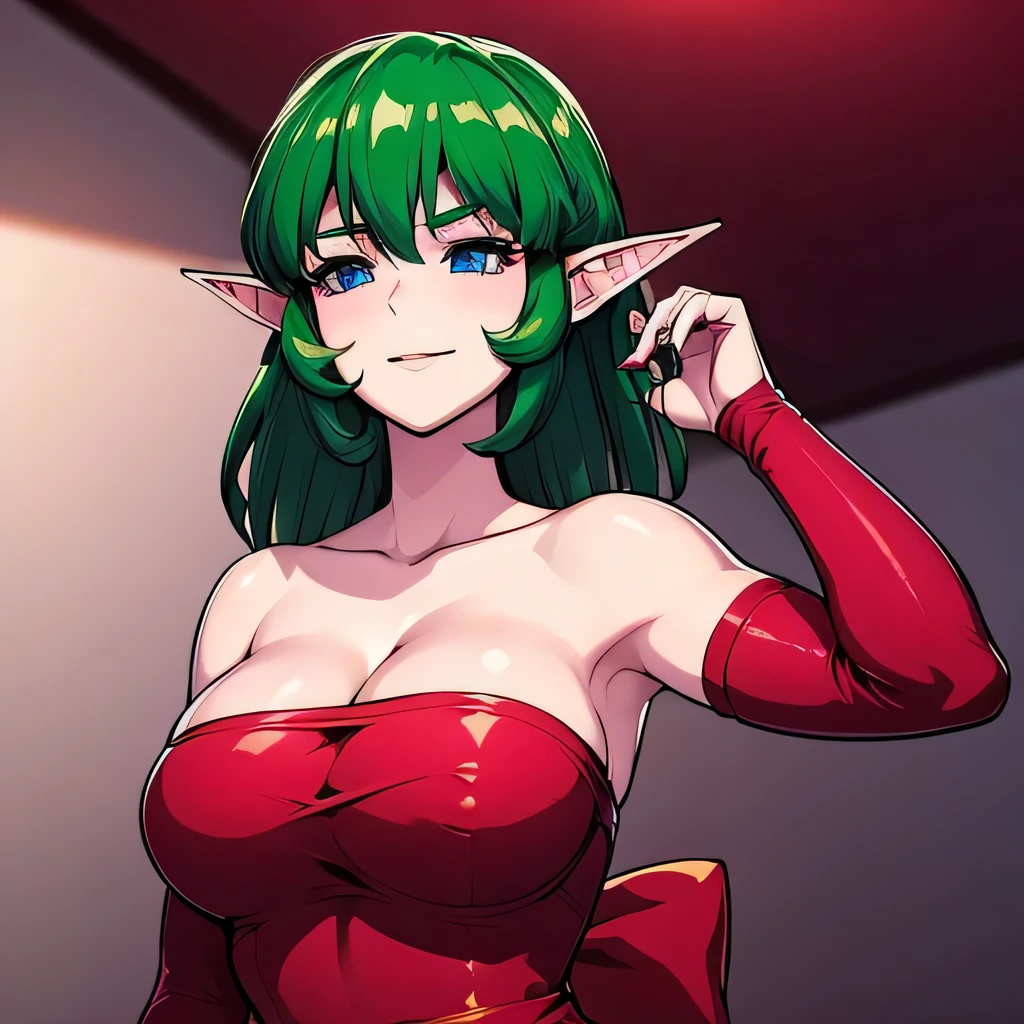  ((masterpiece,best quality,ultra-delicate,Perfect Face,16k,high resolution,very beautiful girl)),green hair,Red strapless bodycon tube dress ,Red long arm sleeves,red huge bow with back of dress:1.5,Elf Girl,large Breasts,blue eyes,very fine smile,20 years old,cowboy shot