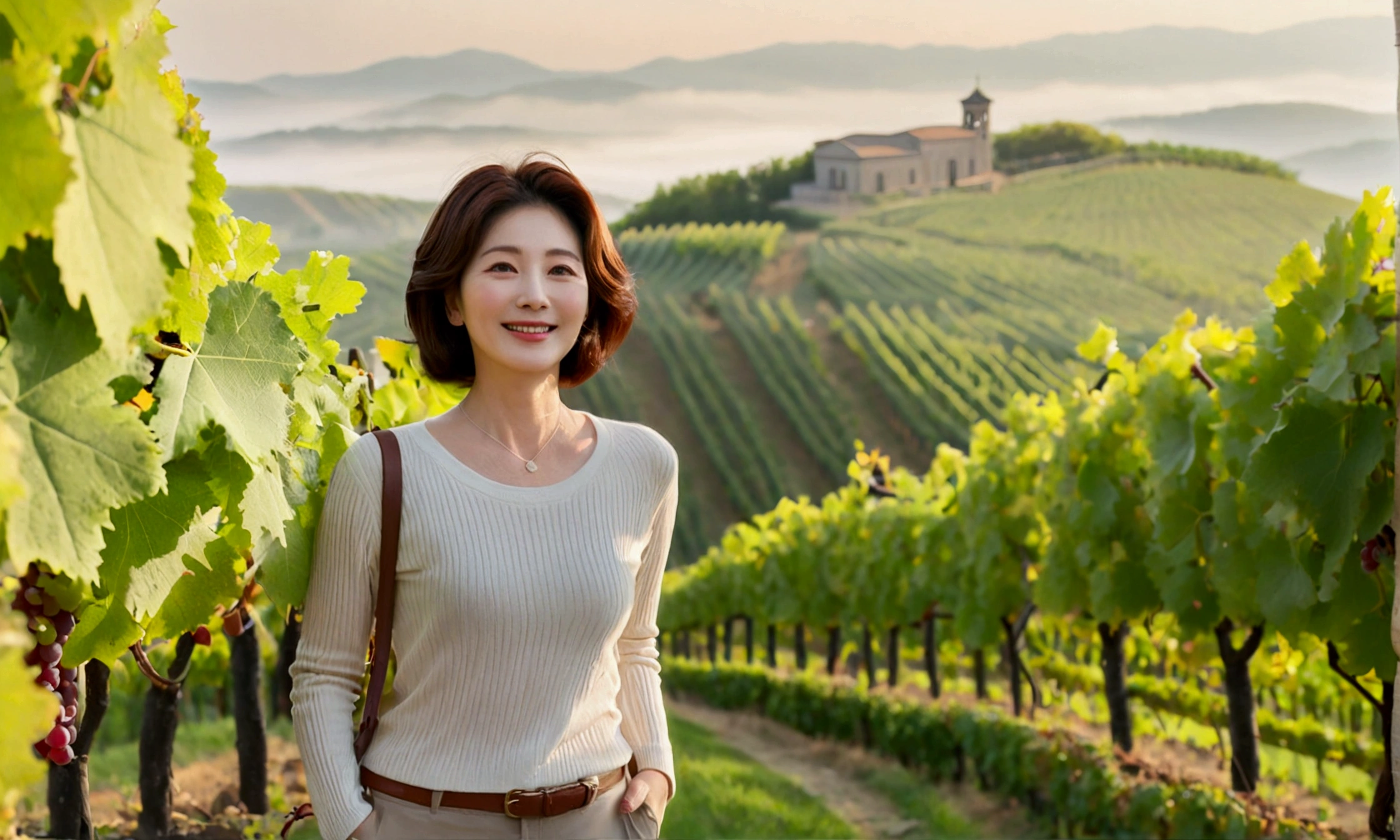 Italy foggy countryside dawn, Endless vineyards, A cathedral can be seen far away in the fog.. Korean woman in her 40s, Wearing a luxury brand slightly thick knit and T-shirt, casual pants, Korean woman with short and medium hair, hair is beautiful. Standing on a path on top of a vineyard hill, Beautiful Korean woman with bright and clear skin, the neck is long and beautiful. Inspired by Yoo Ji-in. Beautiful Korean woman smiling, standing in the vineyard,1 woman, Your eyes are big and pretty, standing on a hill in a vineyard, 1 woman, Clear picture quality, Fair skin and no wrinkles on the neck, The eyes are clear and big, Hair texture is clean and shiny, eyes are big, three dimensional grape leaves, Put your hands in your pockets, Beautiful woman like a model, Vivid picture quality
