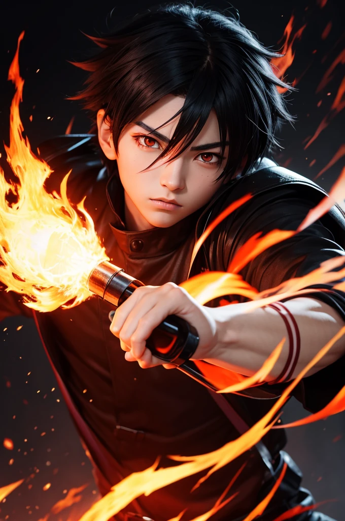 Anime boy with red tipped black hair with fire fist
