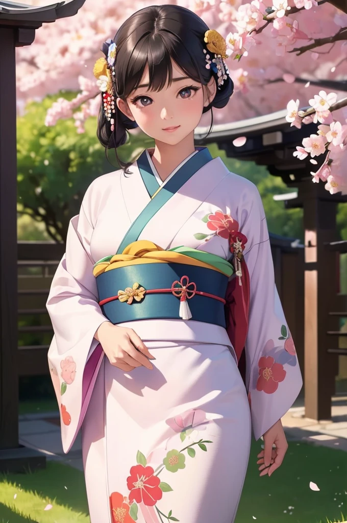 (masterpiece, highest quality, Realistic, High resolution, :1.3), Sharp focus, 1 Cute Japanese Girl, Hot Model, Highly detailed eyes and pupils, Realistic Skin, Highly detailed hair, Delicate face, Sensual look, Bright lips, Natural Lip, ((whole body shot)), standing pose, smile, (Furisode:1.5), (Floral:1.2), ((sash)), ((obi)), outside of home, (Japanese Style Country), full body, 