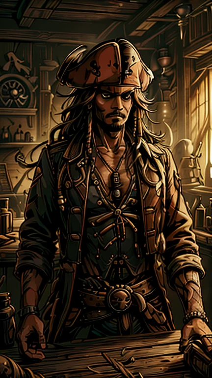 (1man, jack sparrow), (extremely detailed CG unit 8k wallpaper),(master part), (best quality), (ultra detail), (best illustration),(style of Dan Mumford), cowboy shot, (Sharp eyeliner, ombre, detail eyes:1), dark tavern interiors background, ,break , (salvagepirateworld), upper body,