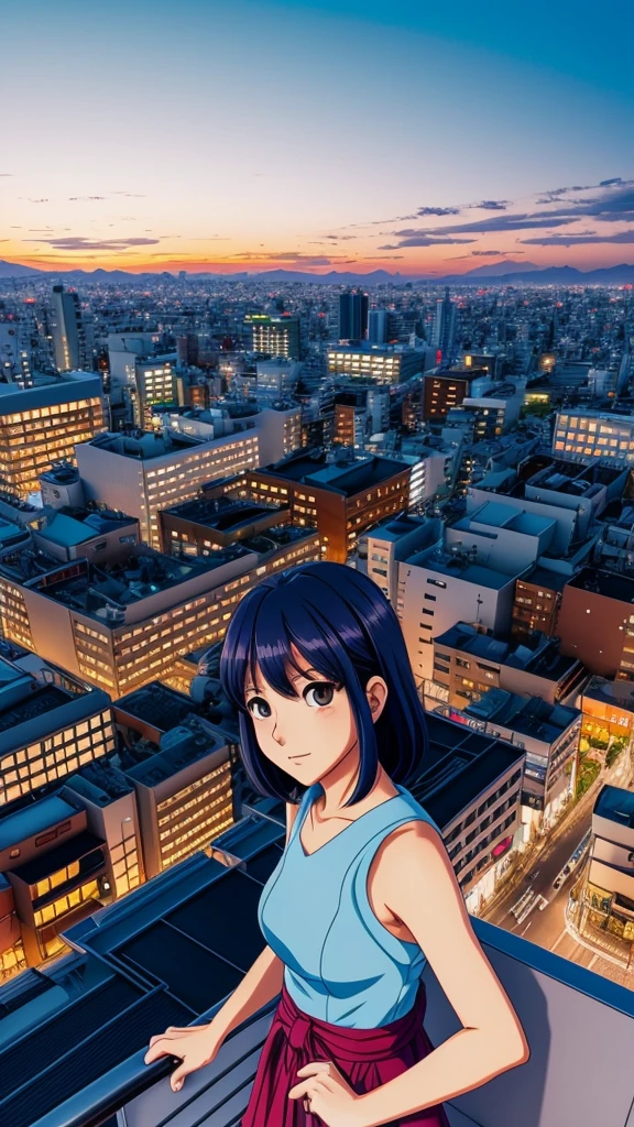 takahashi rumiko style, japan animation illust, trendy women at the city rooftop, blue sunset, 8k quality, the environment should view bigger than the character and give more clear details and textures.