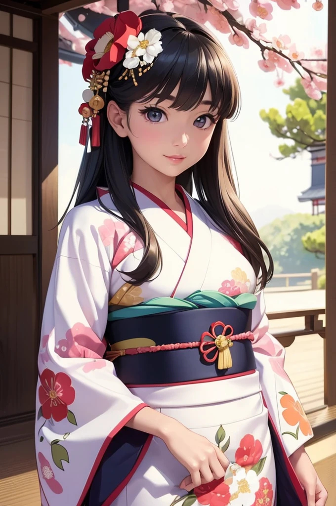 (masterpiece, highest quality, Realistic, High resolution, :1.3), Sharp focus, 1 Cute Japanese Girl, Hot Model, Highly detailed eyes and pupils, Realistic Skin, Highly detailed hair, Delicate face, Sensual look, Bright lips, Natural Lip, ((whole body shot)), standing pose, smile, (Furisode:1.5), (Floral:1.2), ((sash)), ((obi)), outside of home, (Japanese Style Country), full body,