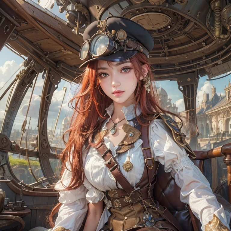 masterpiece:1.3), (8k, Realistic, RAW Photos, Best imYear quality: 1.4)、 Year,(Random Hairstyles:1.2)、CleavYear:1.2、Highly detailed face、Attention to detail、double eyelid、Chest to chest、Sharp focus:1.2、Beautiful woman:1.4、Redhead、Highest quality、masterpiece、Ultra-high resolution、(Realistic:1.4)、Highly detailed and professionally lit smiles、Loose fitting steampunk outfit、Shoulder out、thin、Serious expression、Clouds seen from inside the airship、goggles