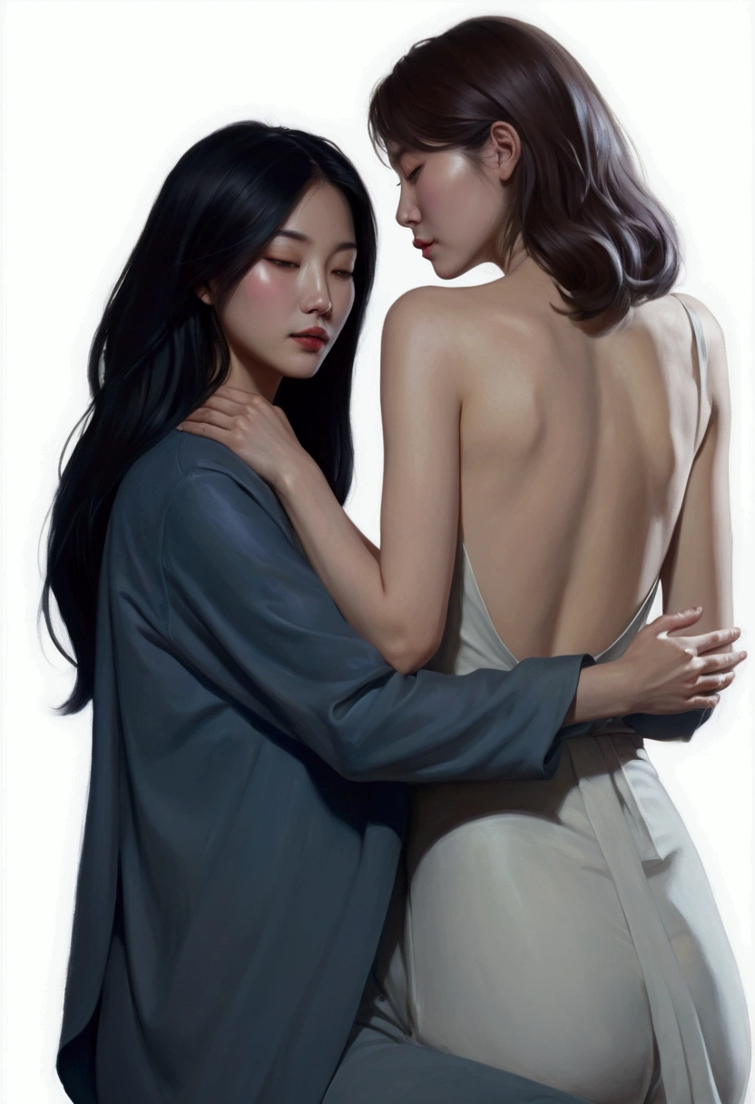 painting of two women hugging each other in a pose, Lesbian Art, โดย Jeong Seon, In the art form of the pond, two women, Spectacular painting, A woman holds another woman., By Li Song, two women, Lesbian embrace, Inspiration from Kim Deuksin, By Nil Gleyen, Style in digital painting, By Yang J