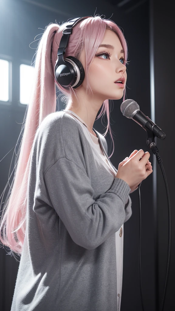 (A photo of a beautiful girl in fashionable casual clothes singing into a microphone with headphones on in a recording studio was posted on social media.) (The beautiful girl is 17 years old, 18% Japanese, 26% French, and 56% Ukrainian, 178 cm tall, small bust but good style, with a beautiful, well-balanced figure.) (Her hair is pink ash gray and super long, tied in twin tails with black ribbons and curled in a spiral toward the end.) (Her eyebrows are the same color as her hair, thin, slightly thick and short, and her eyelashes are long.) (Her large blue eyes reflect the light of the lighting and are amazingly beautiful like pearls.) (Her nose is high like an English person, her lips are plump and shaped so that you want to kiss them, her skin is translucent white, and the balance between her head and face is in line with traditional Japanese aesthetics.) Her hands should have five fingers. Moreover, they are expressed very delicately. (Single, Masterpiece, Ultra Detailed, Highest Quality, Artistic Composition, Ultra Precision, Realistic, Photorealistic, High Resolution, Dynamic Lighting Effects, Golden Ratio, Surreal). Try your best to meet all these criteria.