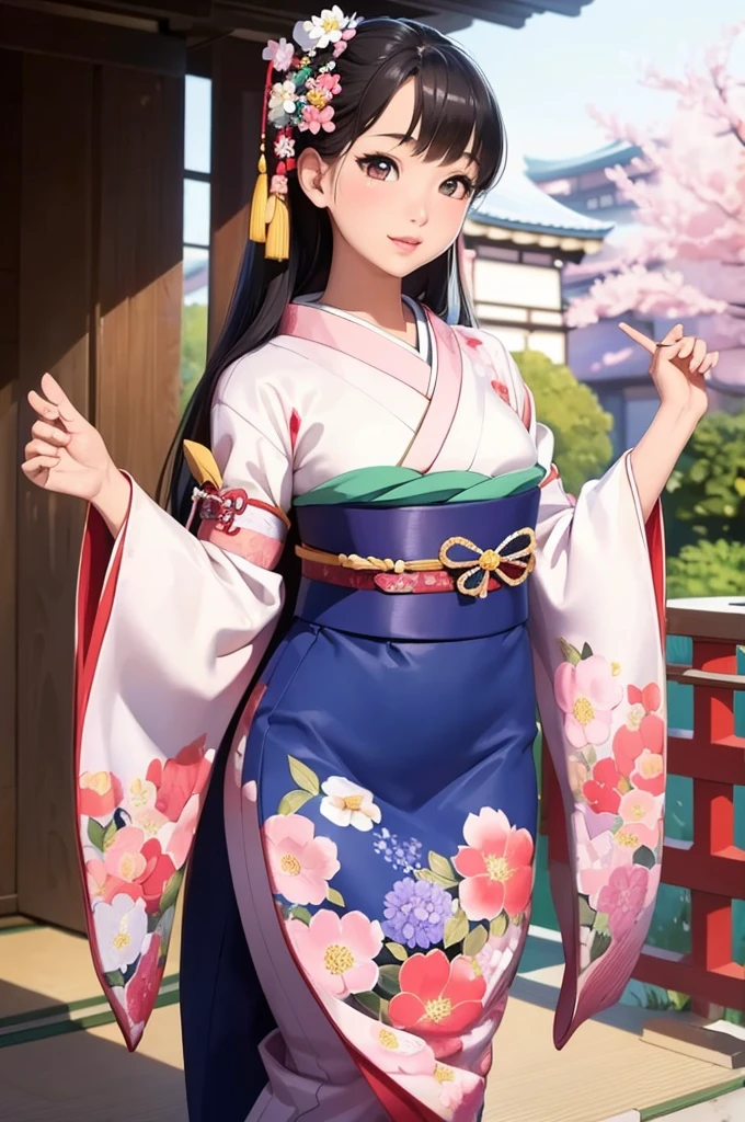 (masterpiece, highest quality, Realistic, High resolution, :1.3), Sharp focus, 1 Cute Japanese Girl, Hot Model, Highly detailed eyes and pupils, Realistic Skin, Highly detailed hair, Delicate face, Sensual look, Bright lips, Natural Lip, ((whole body shot)), standing pose, smile, (Furisode:1.5), (Floral:1.2), ((sash)), ((obi)), outside of home, (Japanese Style Country), full body,
