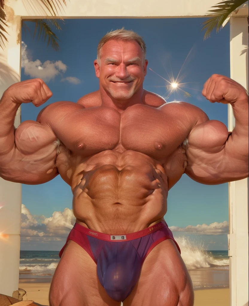 old man, muscle male, on a beach, sunny day, lens flare, big waves, wearing a blue spandex speedo , big bulging crotch, nice bulge, nicebulge, graying hair, smiling, flexing his muscles (double biceps pose)