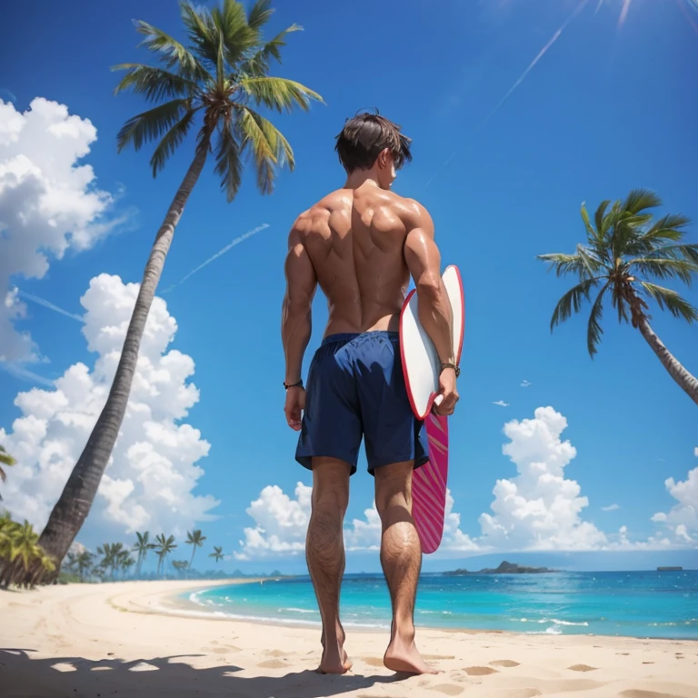 male, alone, Tanned body, Tanned body, male性サーファー, Back view, Beach, Palm Tree, Stand on a surfboard, heat haze, mirage, blue sky, Vacation, masterpiece