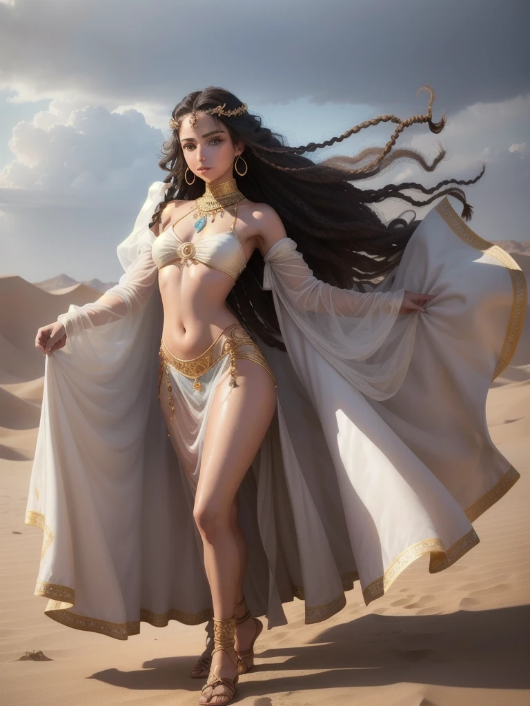 Beautiful princess of the desert people, an Arab girl, in light clothes of desert Arab princesses, light transparent silk, light bloomers, dark curly hair, braids and dreadlocks, bright light blue eyes, slender body, dancing in the desert on the sand, cloudy, rain, wet , drops, wet body, full body, full pose, realistic