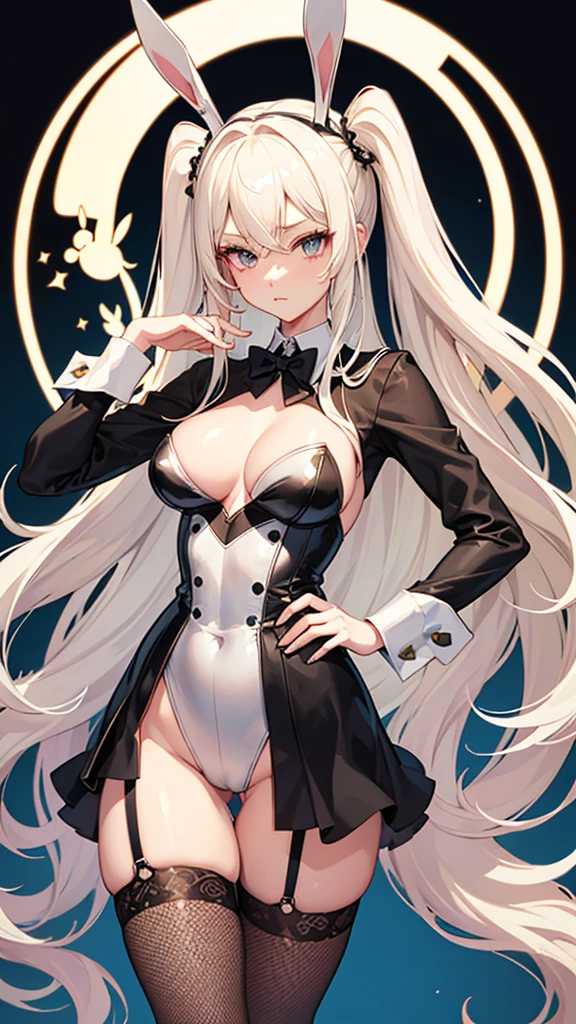 ((Best Quality)), (ultra-detailliert), ((Extremely detailed)), (Beautiful), ((Kawaii Girl)),(two side up hair)、((masutepiece)), ((Platinum Blonde Hair)), Long hair, hair between eye, Wavy Hair, Long sideburns, Jade-colored eyes, White skin, Colossal tits、(Rabbit ears), Slender body, ((Black Playboy bunny)), Fishnet tights, High heels , Casino, Standing, One Woman, Anime