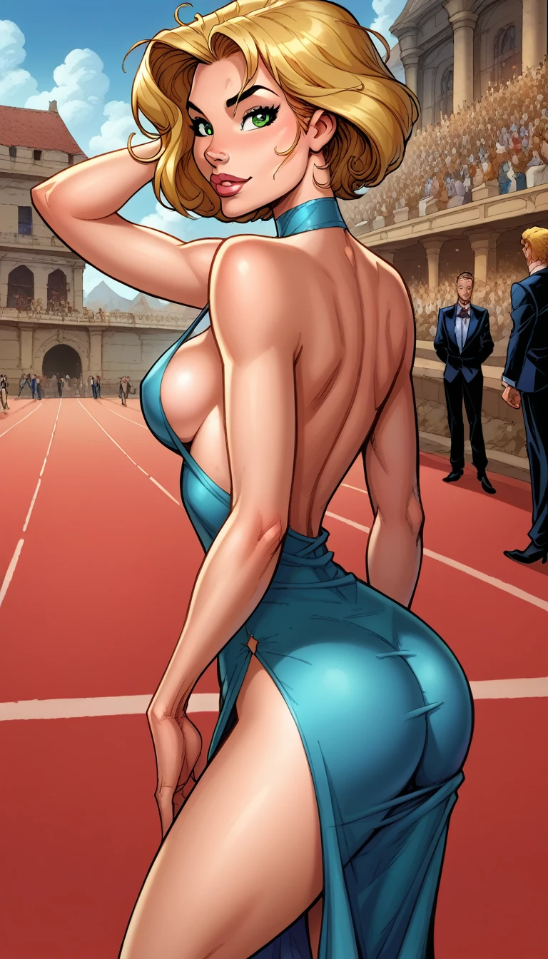 Score_9, score_8_up, score_7_up, rating explicit, detailed soft lighting, 1girl, solo, BREAK (AchaseDG:1.2), large breasts, (hort hair, blonde hair, messy hair, green eyes:1.1), wearing (blue dress:1.3), sideboob, naughty expression, beautiful eyes, open eyes, BREAK awards show, red carpet, big crowd, (masterpiece, best quality, highly detailed, beautiful), (three quarter shot).