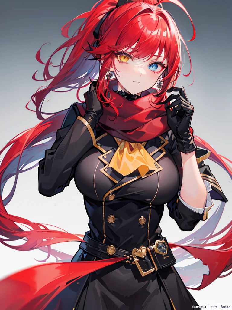 Face Focus , ((Highest quality)), ((Tabletop)), Perfect Face, Official Art,,Beautiful Face,Earrings,((((Crimson hair)))),heterochromia , ((right yellow eye)) , ((left blue eye)),(((Odd Eye))),Textured skin, Ultra high definition, Very detailed, ((((Blazer Uniform)))), ((((Close-up)))),((((One girl)))), Gauze, Simple Background, earrings,Wet Hair, ((((((Face-up)))))),bangs,((((solo)))), Close your mouth, Bangs between the eyes, choker,first round,((((ponytail)))),smile,Ahoge Sideburns, (((Red scarf))),((((black gloves)))),(big breast),手をこちらに振る,heart effect,ハートの瞳,bye-bye