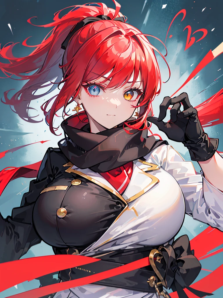 Face Focus , ((Highest quality)), ((Tabletop)), Perfect Face, Official Art,,Beautiful Face,Earrings,((((Crimson hair)))),heterochromia , ((right yellow eye)) , ((left blue eye)),(((Odd Eye))),Textured skin, Ultra high definition, Very detailed, ((((Blazer Uniform)))), ((((Close-up)))),((((One girl)))), Gauze, Simple Background, earrings,Wet Hair, ((((((Face-up)))))),bangs,((((solo)))), Close your mouth, Bangs between the eyes, choker,first round,((((ponytail)))),smile,Ahoge Sideburns, (((Red scarf))),((((black gloves)))),(big breast),手をこちらに振る,heart effect,ハートの瞳,bye-bye