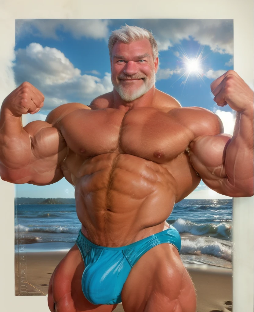 old man, muscle male, on a beach, sunny day, lens flare, big waves, wearing a blue spandex speedo , big bulging crotch, nice bulge, nicebulge, graying hair, smiling, flexing his muscles (double biceps pose)
