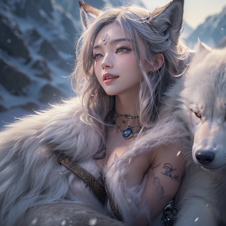 Lakeside surrounded by snowy mountains、Hair Flow、 ((Highest quality、masterpiece、8k、Best image quality、Ultra-high resolution、Award-winning works)、(Accurate anatomy:1.1)、(Look at me and smile:1.1)、Shining fair skin with Ultra-high resolution、The most detailed face、Ultra-high resolution detailed face、Ultra-high resolutionの髪の毛、(Ultra-high resolutionの煌めく瞳:1.1)、Beautiful face drawn in every detail、Ancient Viking clothing, Chest to chest, tattoo, A real wolf is by your side