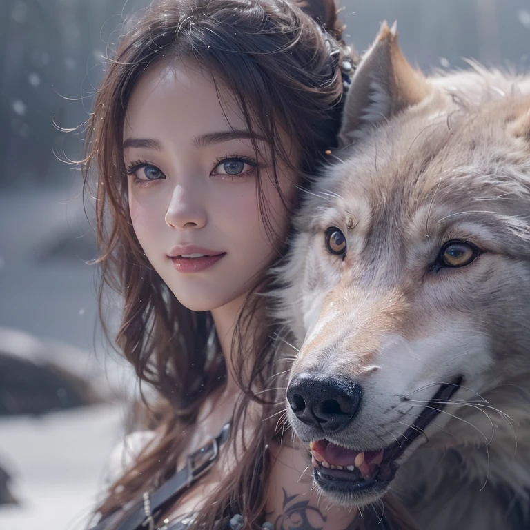 Lakeside surrounded by snowy mountains、Hair Flow、 ((Highest quality、masterpiece、8k、Best image quality、Ultra-high resolution、Award-winning works)、(Accurate anatomy:1.1)、(Look at me and smile:1.1)、Shining fair skin with Ultra-high resolution、The most detailed face、Ultra-high resolution detailed face、Ultra-high resolutionの髪の毛、(Ultra-high resolutionの煌めく瞳:1.1)、Beautiful face drawn in every detail、Ancient Viking clothing, Chest to chest, tattoo, A real wolf is by your side