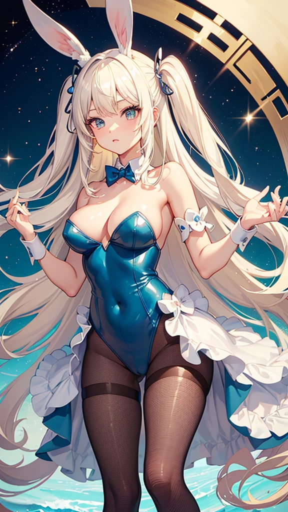((Best Quality)), (ultra-detailliert), ((Extremely detailed)), (Beautiful), ((Kawaii Girl)),(two side up hair)、((masutepiece)), ((Platinum Blonde Hair)), Long hair, hair between eye, Wavy Hair, Long sideburns, Jade-colored eyes, White skin, Colossal tits、(Rabbit ears), Slender body, ((Blue Playboy bunny)), Fishnet tights, High heels , Casino, Standing, One Woman, Anime