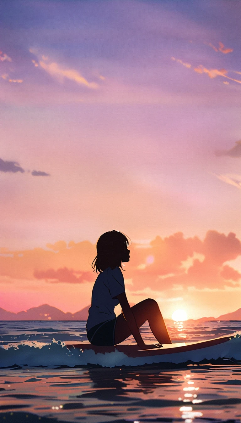 surfer girl sitting astride on surfboard in the ocean at sunset, surfing, in the sunset, girl watching sunset, amazing wallpaper, at the sunset, golden hour time, sunset light, looking off into the sunset, high quality wallpaper, sunset mood, warm glow, sunset time, made by dslr, bokeh, film grain